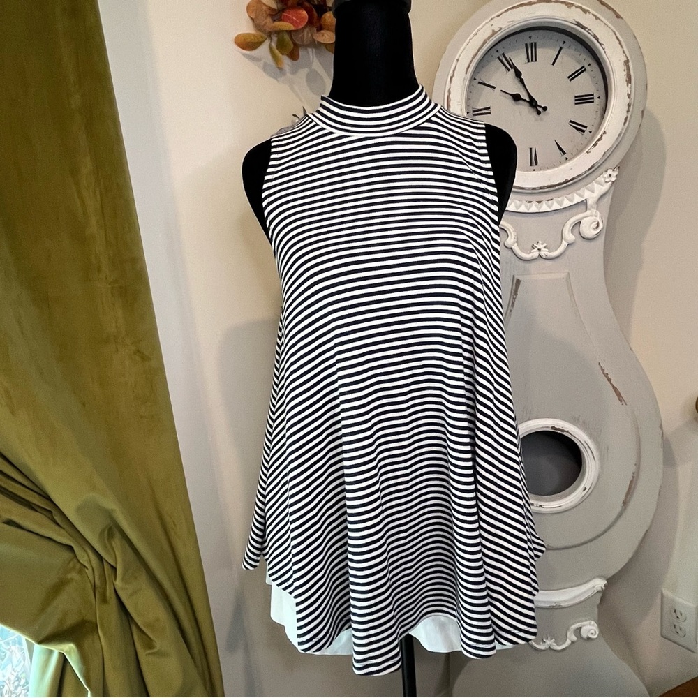 By Together You & I Blue & White Striped Mock Neck Swing Tunic Top Medium EUC